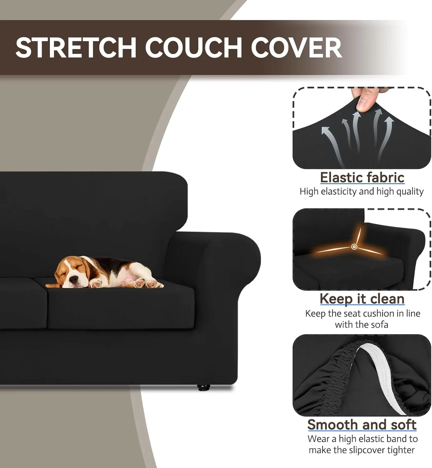 KEKUOU 3 Pieces Stretch Couch Covers for 2 Cushion Couch Sofa pet Friendly， Sofa Covers Washable Soft Elastic Dogs Furniture Protector (Loveseat,Black)