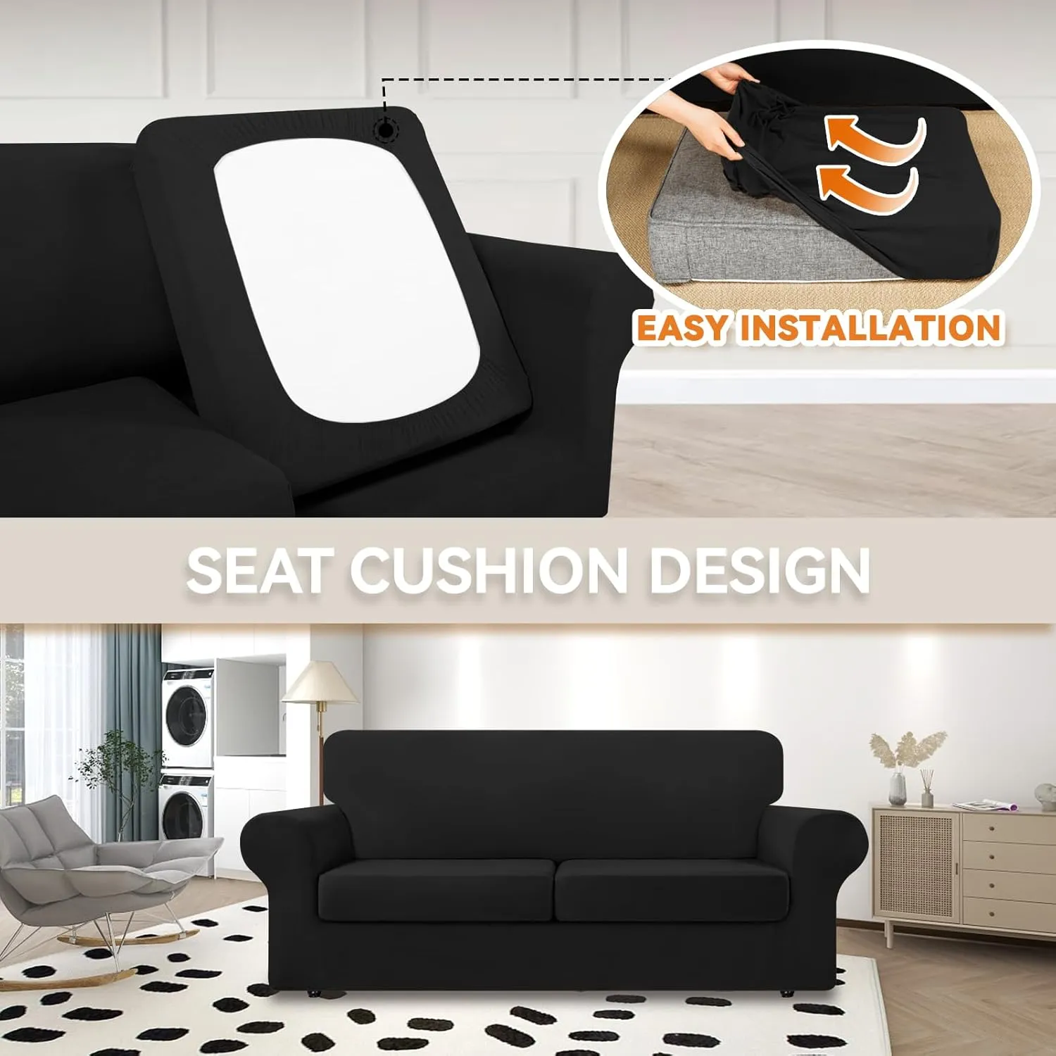 KEKUOU 3 Pieces Stretch Couch Covers for 2 Cushion Couch Sofa pet Friendly， Sofa Covers Washable Soft Elastic Dogs Furniture Protector (Loveseat,Black)