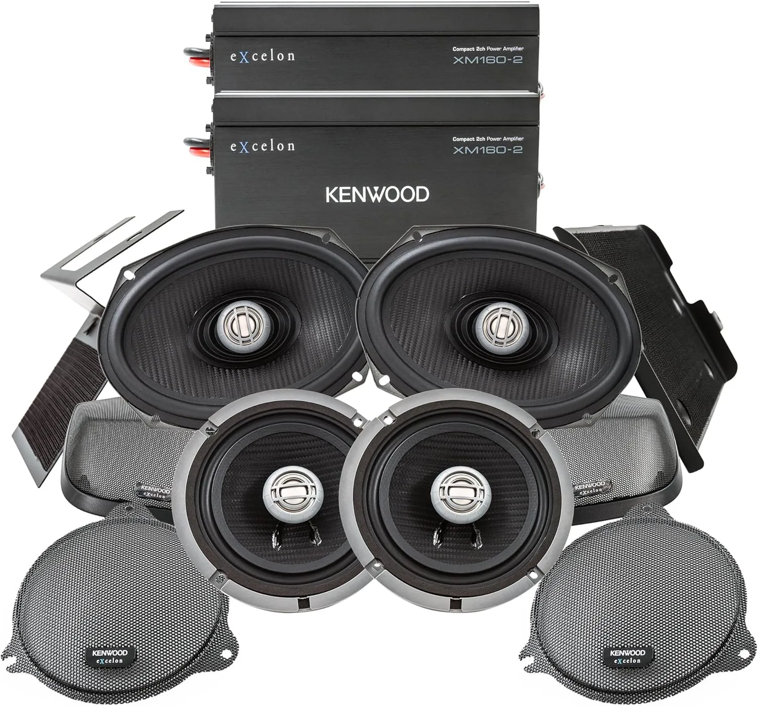 Kenwood Excelon P-HD3FR Audio Package for Select 2014-Up Harley-Davidson Models - (2) XM160-2 Audio Amplifier, (2) 6.5" Excelon XM65F & (2) 6"x9" XM69R Motorcycle Speakers, CA-CUT14 Saddlebag Kit