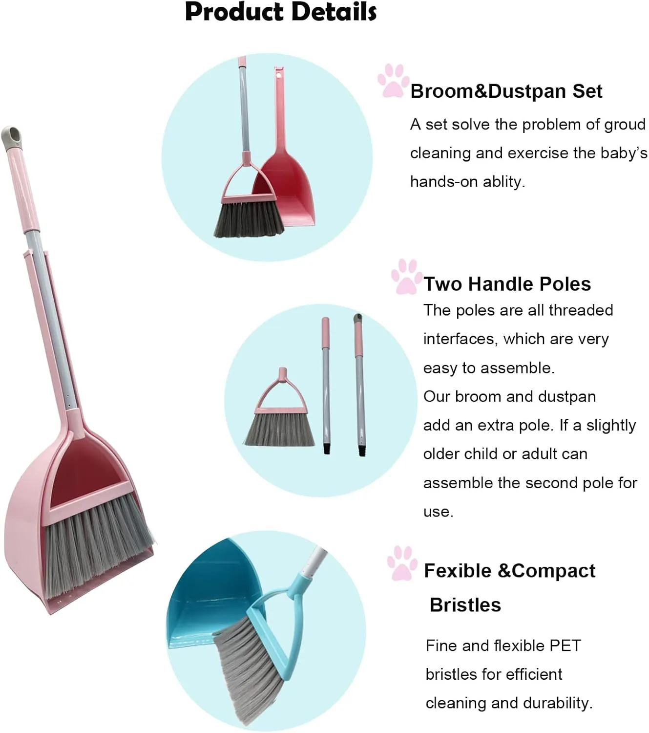 Kids Broom and Dustpan Set-Mini Dustpan and Broom for Children Housekeeping Pretend Play Cleaning Tools Set (Pink)
