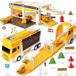 Kids Construction Carrier Truck Track Toy Set - Interactive Transport Playset with Music, Lights, Mini Vehicles & Roadway Accessories, Push and Go Educational Toys for Toddlers Boys Girls Ages 3 