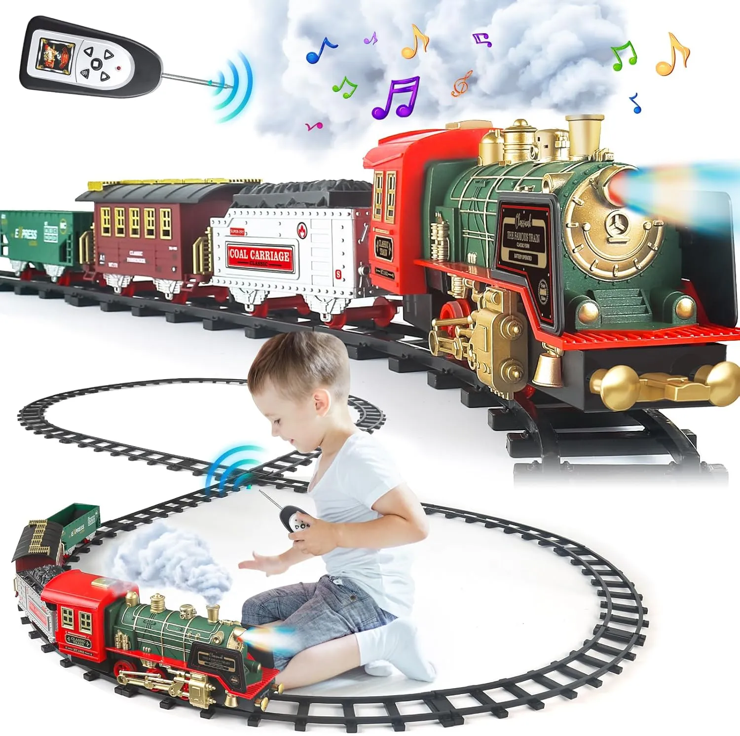Kids Electric Train Set - Remote Control w/Smoke, Sounds, Lights - Rechargeable for Christmas Tree - Train Toys Gifts for 3 to 8 Year Old Boys