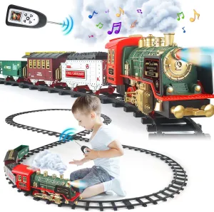 Kids Electric Train Set - Remote Control w/Smoke, Sounds, Lights - Rechargeable for Christmas Tree - Train Toys Gifts for 3 to 8 Year Old Boys