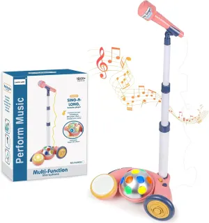 Kids Microphone with Stand, Karaoke Microphone for Kids Singing Along with Flashing Stage Lights, Musical Microphone Toys Birthday Gift for Girls Boys