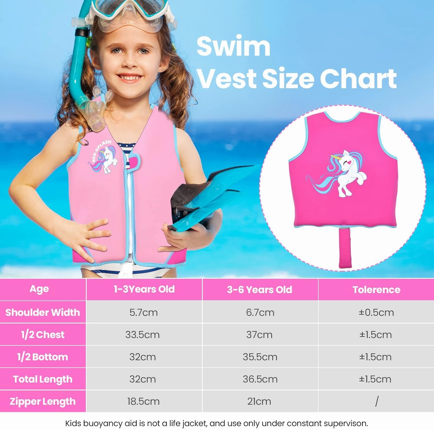 Kids Swim Vest Neoprene Swimming Aid with Adjustable Safety Strap for Age 1-3 and 3-6