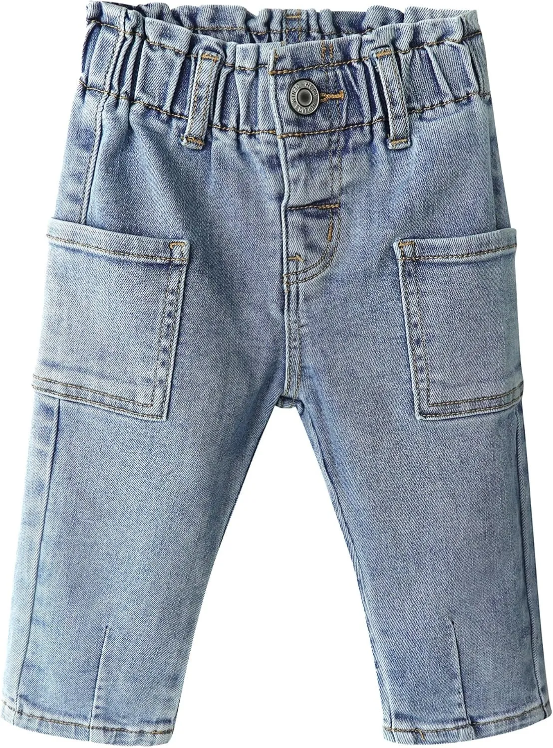 KIDSCOOL SPACE Baby Girls Jeans,Toddler Boy Elastic Waist with D-Ring Square-Shaped Pockets Straight Leg Denim Pants