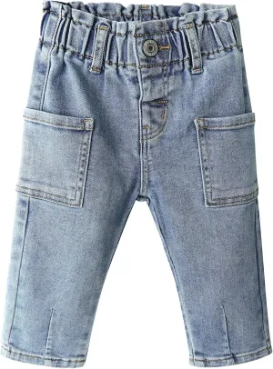 KIDSCOOL SPACE Baby Girls Jeans,Toddler Boy Elastic Waist with D-Ring Square-Shaped Pockets Straight Leg Denim Pants