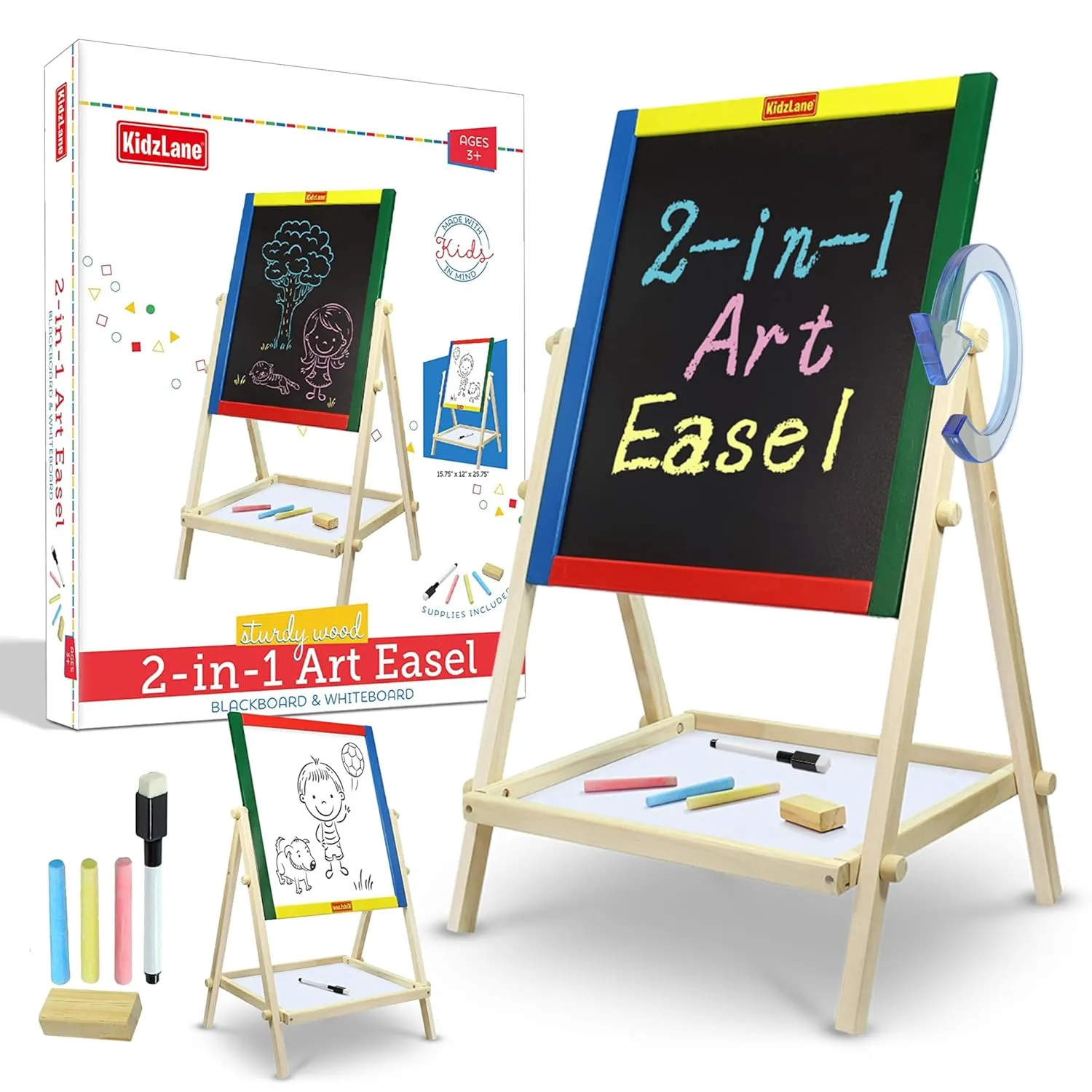Kidzlane Art Easel for Kids 2-4 - Wooden Toddler Easel - Double Sided Standing Chalkboard/Dry Erase Board for Kids - Toddler Drawing Board with Accessories - 25.75 Inches Blackboard and Whiteboard