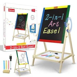 Kidzlane Art Easel for Kids 2-4 - Wooden Toddler Easel - Double Sided Standing Chalkboard/Dry Erase Board for Kids - Toddler Drawing Board with Accessories - 25.75 Inches Blackboard and Whiteboard