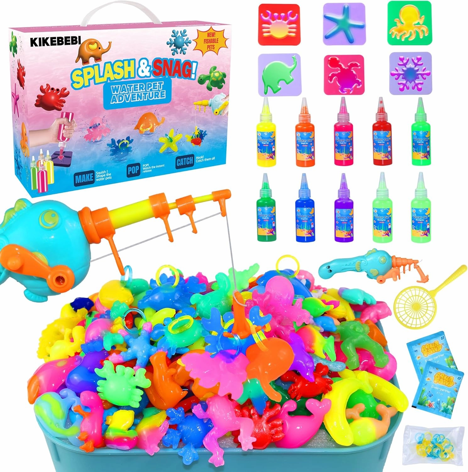 KIKEBEBI Magic Water Elf Toy Kit Upgrade, Splash & Snag Water Pet Adventure, 10 Gels (2 Glow in The Dark), 6 Molds, 2-in-1 DIY Water Pet Craft & Fishing Game, STEM Learning Toys, Fun Gift for Kids