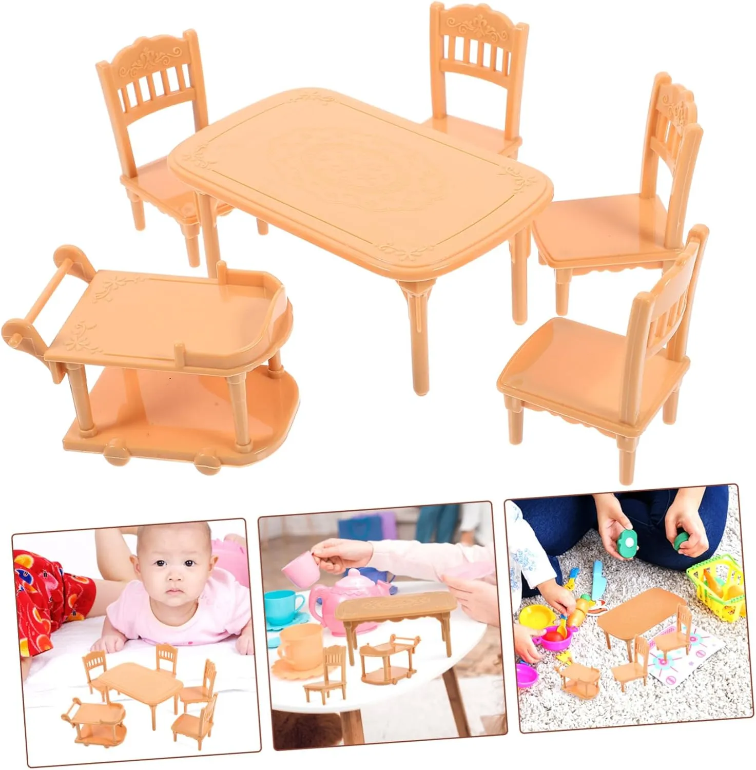 Kisangel 3sets Miniature Dollhouse Dining Table and Chairs Set Plastic Furniture Model for Boys and Girls Playtime Cute Decorations for Dollhouse Accessories Space-Saving Design