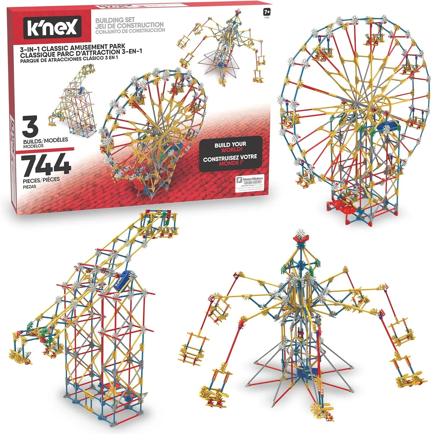 K'NEX - 3-in-1 Classic Amusement Park Building Set - 744 Pieces, Motorized, Kid Construction Set‚ Ages 9 
