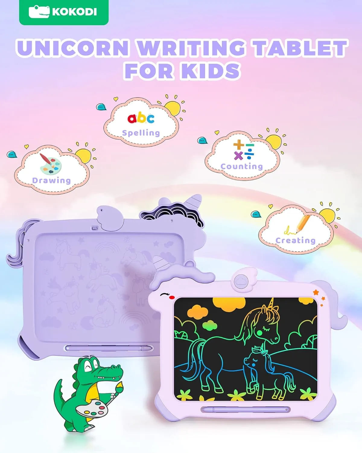 KOKODI LCD Writing Tablet for 3 4 5 6 7 8 Years Old Kids, Colorful Doodle Board, Writing Drawing Tablet, Educational Learning Toys Christmas Birthday Gift for Girl, Purple