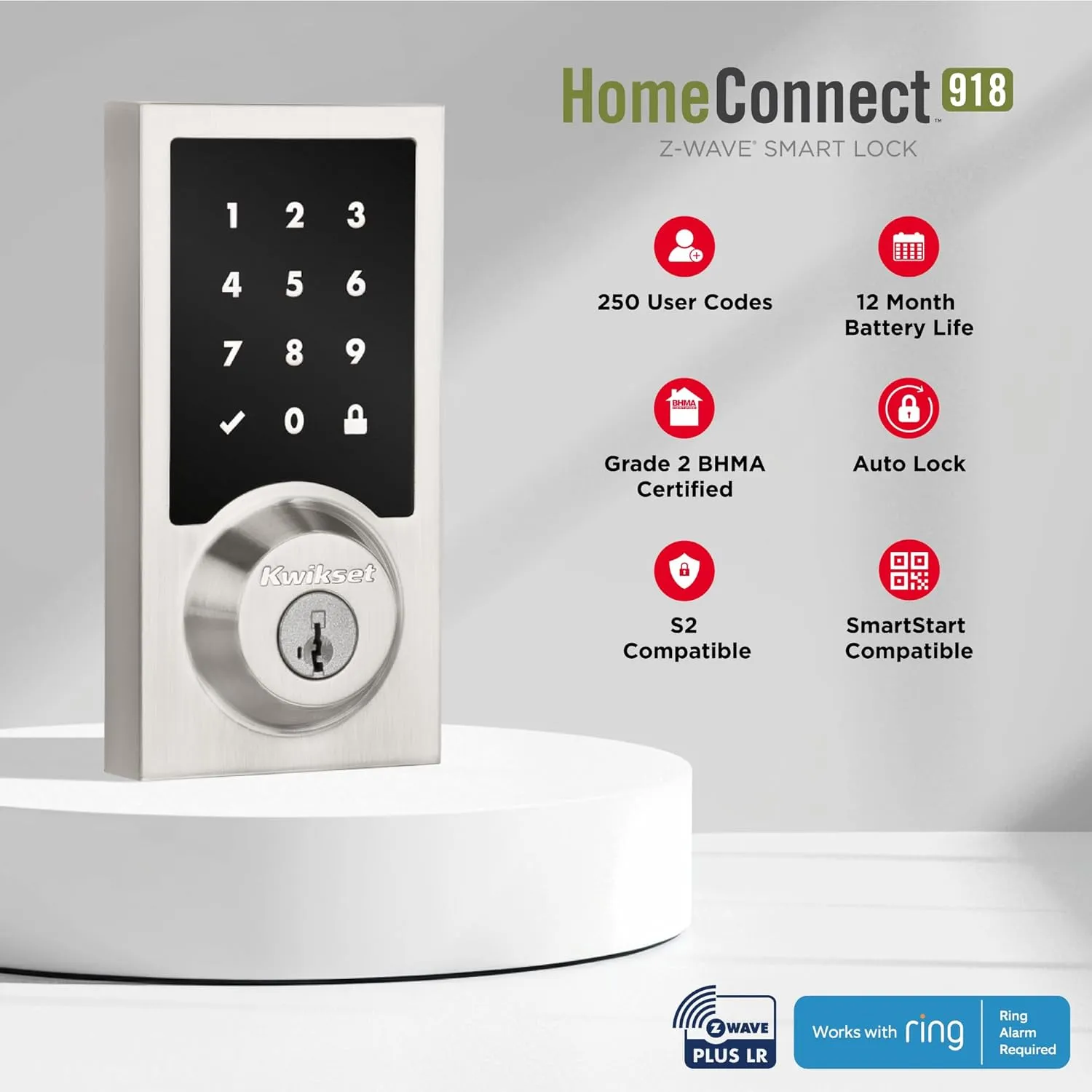 Kwikset HomeConnect 918 Contemporary Z-Wave Long Range Enabled Touch Screen Lock Works with Ring Alarm, Samgsung SmartThings Hub Required, Sold Seperatedly in Matte Black