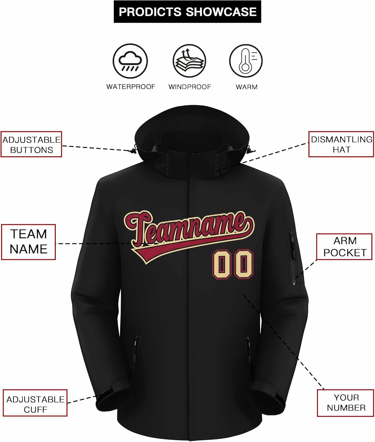 KXK Custom Outdoor Waterproof Jacket Hooded Stitched Personalized Name Number Windbreaker Rain Shell Coat for Men Women