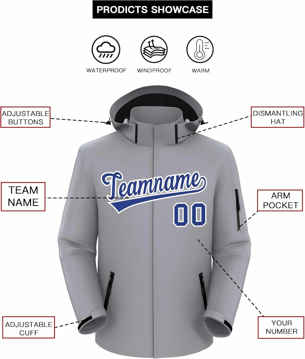 KXK Custom Outdoor Waterproof Jacket Hooded Stitched Personalized Name Number Windbreaker Rain Shell Coat for Men Women