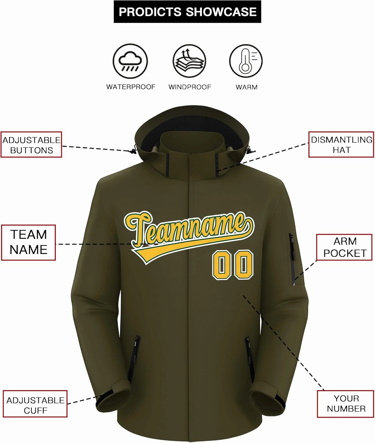 KXK Custom Outdoor Waterproof Jacket Hooded Stitched Personalized Name Number Windbreaker Rain Shell Coat for Men Women