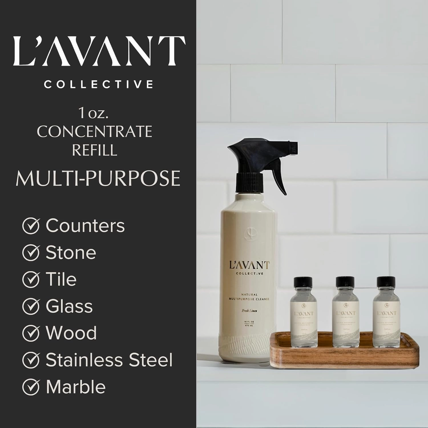 L’AVANT Collective All Purpose Cleaner 3 Pack Refill – Natural Cleaning Spray for Kitchens, Counters, and Bathrooms – Vegan, Organic, Plant-Based Multipurpose Surface Cleaner with Fresh Linen Scent