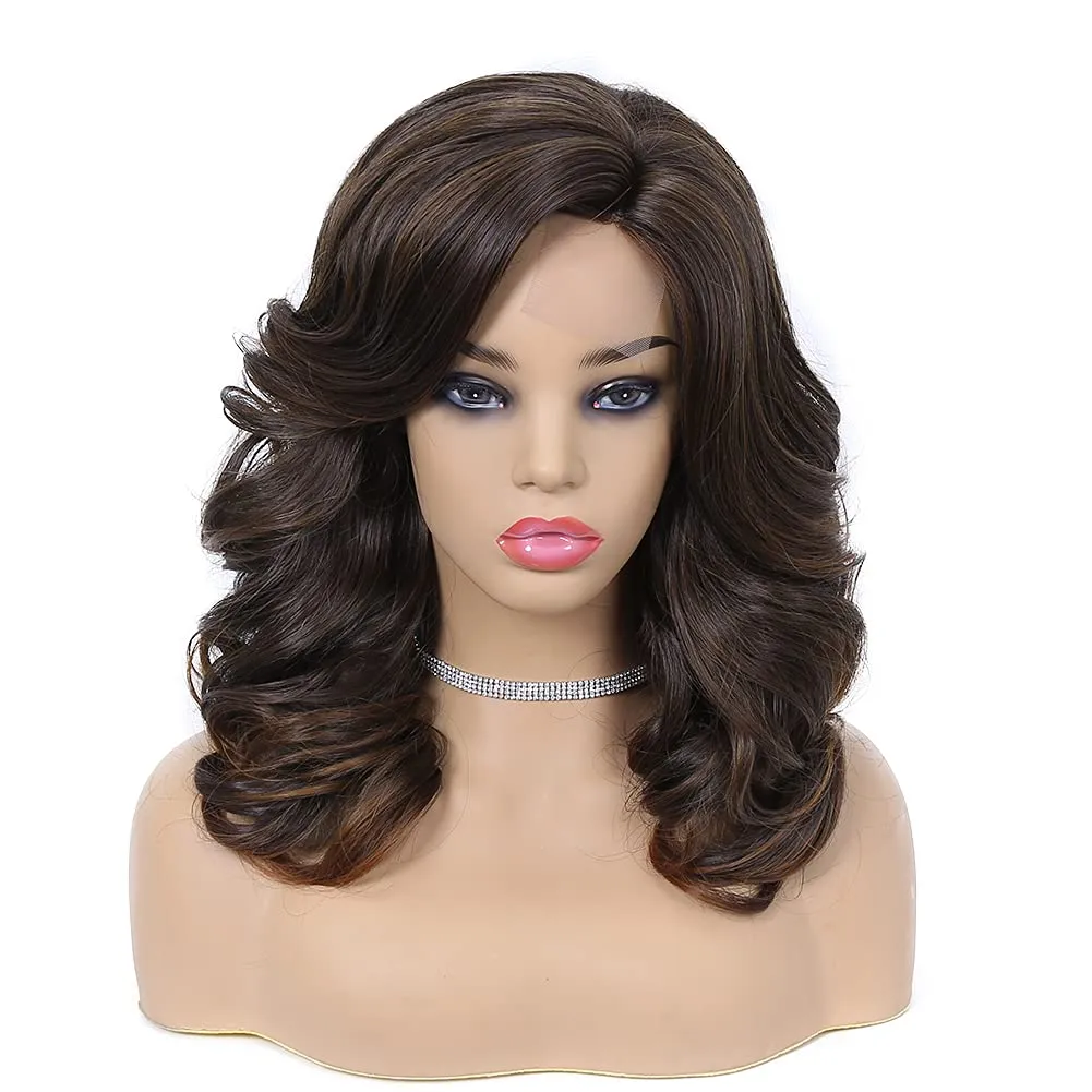 Lady Miranda Loose Wave Lace Part Wig Mixed Brown Nature Curly Synthetic Heat Resistant Weave Full Wigs for Women