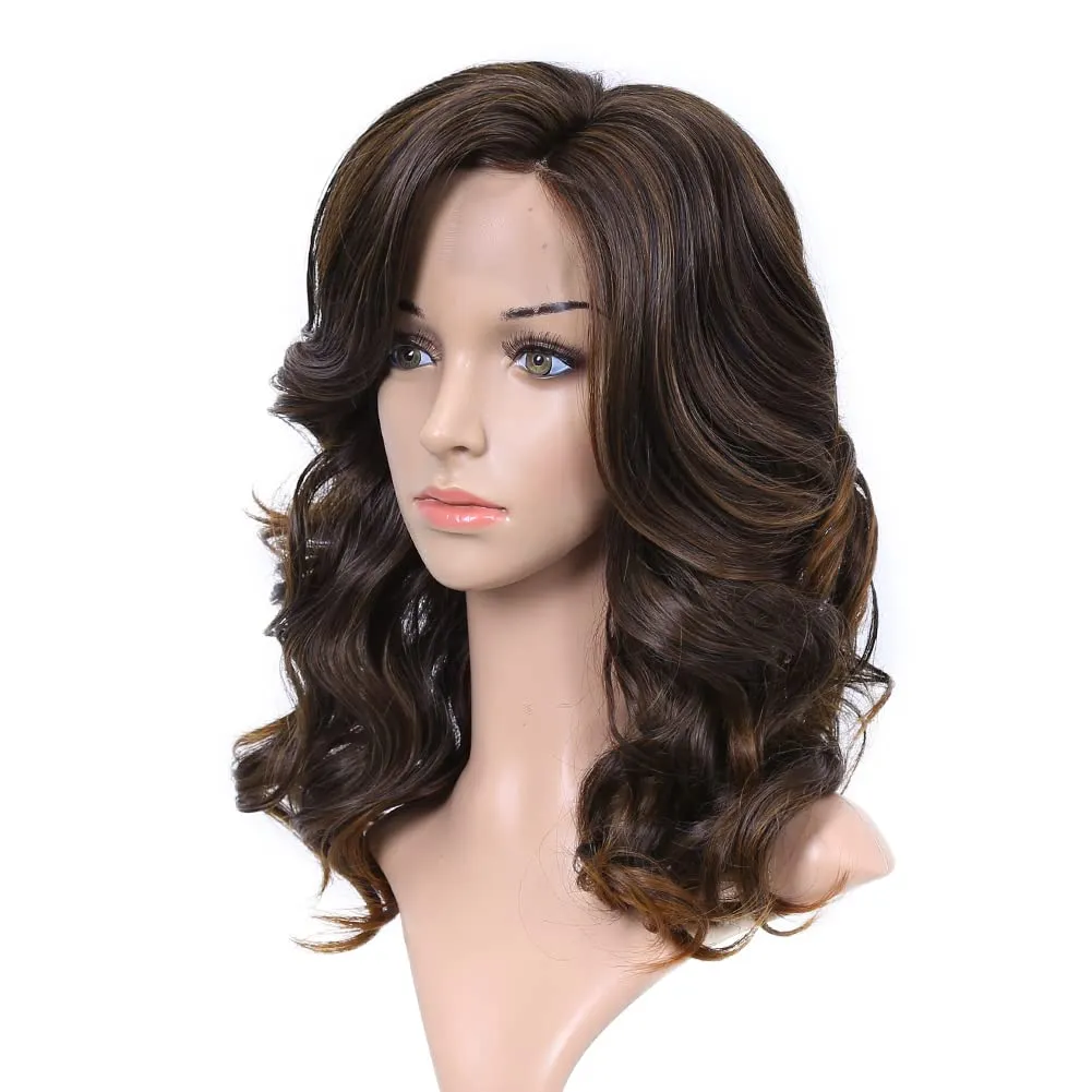 Lady Miranda Loose Wave Lace Part Wig Mixed Brown Nature Curly Synthetic Heat Resistant Weave Full Wigs for Women