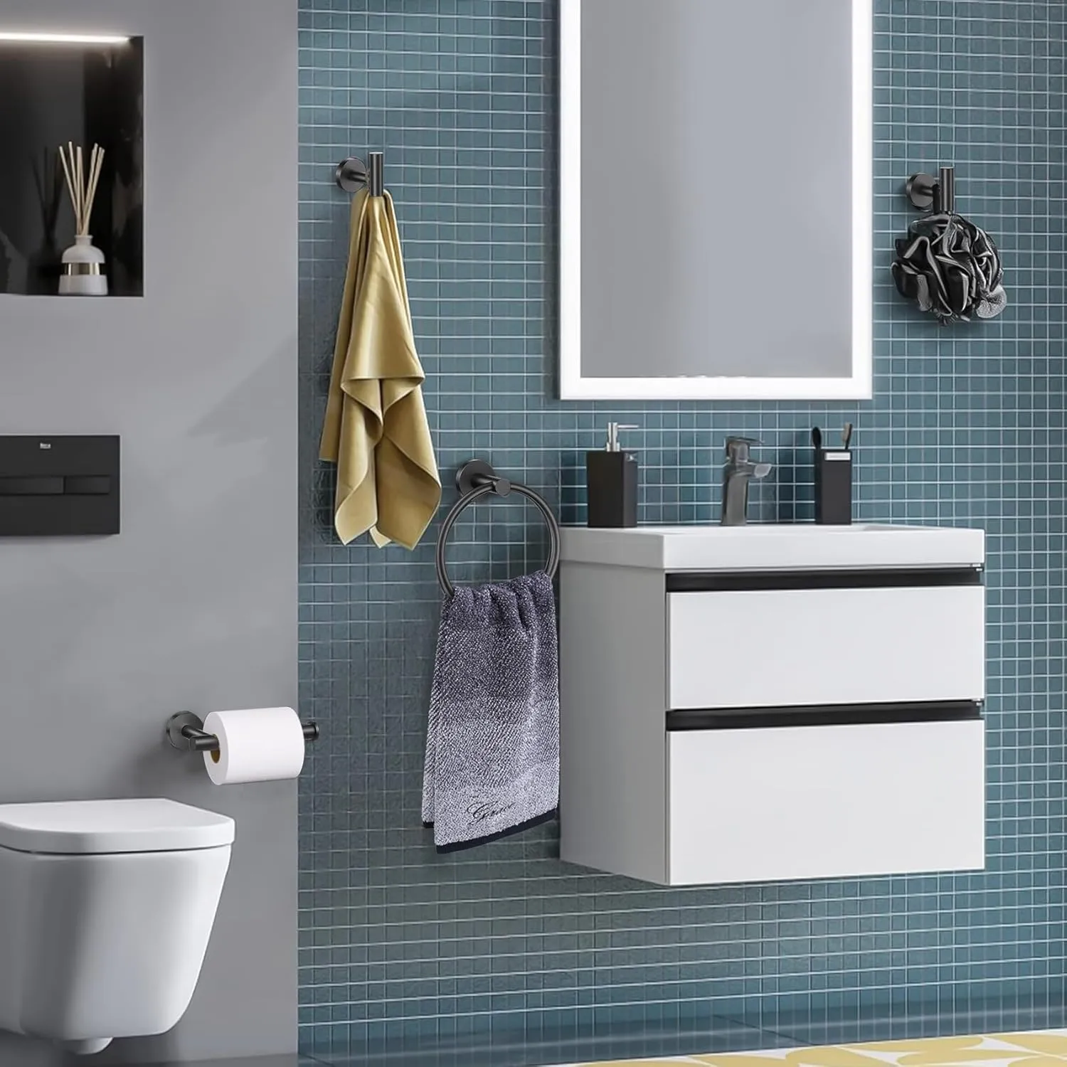 Lairuier Bathroom Hardware Set, 4-Piece Towel Bar Set Include Toilet Paper Holder,Towel Ring and 2 Towel Hooks Stainless Steel Wall Mounted Bathroom Hardware Accessories Set (Matte Black)