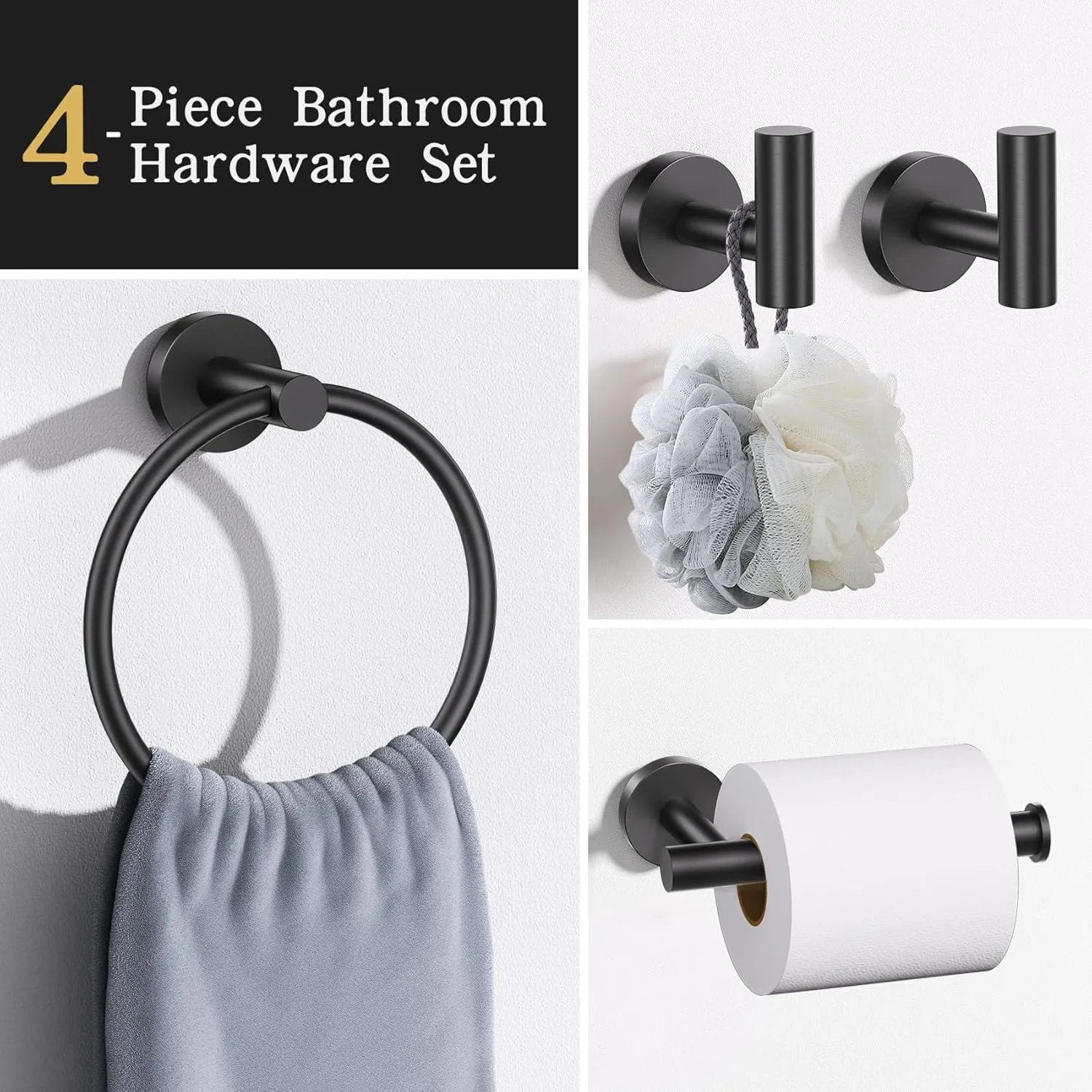 Lairuier Bathroom Hardware Set, 4-Piece Towel Bar Set Include Toilet Paper Holder,Towel Ring and 2 Towel Hooks Stainless Steel Wall Mounted Bathroom Hardware Accessories Set (Matte Black)