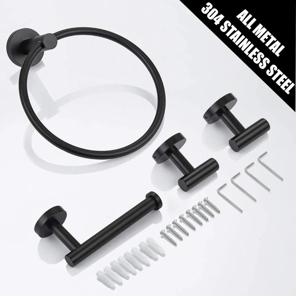Lairuier Bathroom Hardware Set, 4-Piece Towel Bar Set Include Toilet Paper Holder,Towel Ring and 2 Towel Hooks Stainless Steel Wall Mounted Bathroom Hardware Accessories Set (Matte Black)