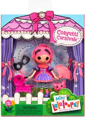 Lalaloopsy Mini Doll - Confetti Carnivale with Mini Pet Cat, 3" Masquerade Ball Party Theme Doll with Pink Hair & Accessories in Reusable Package playset, for Ages 3-103