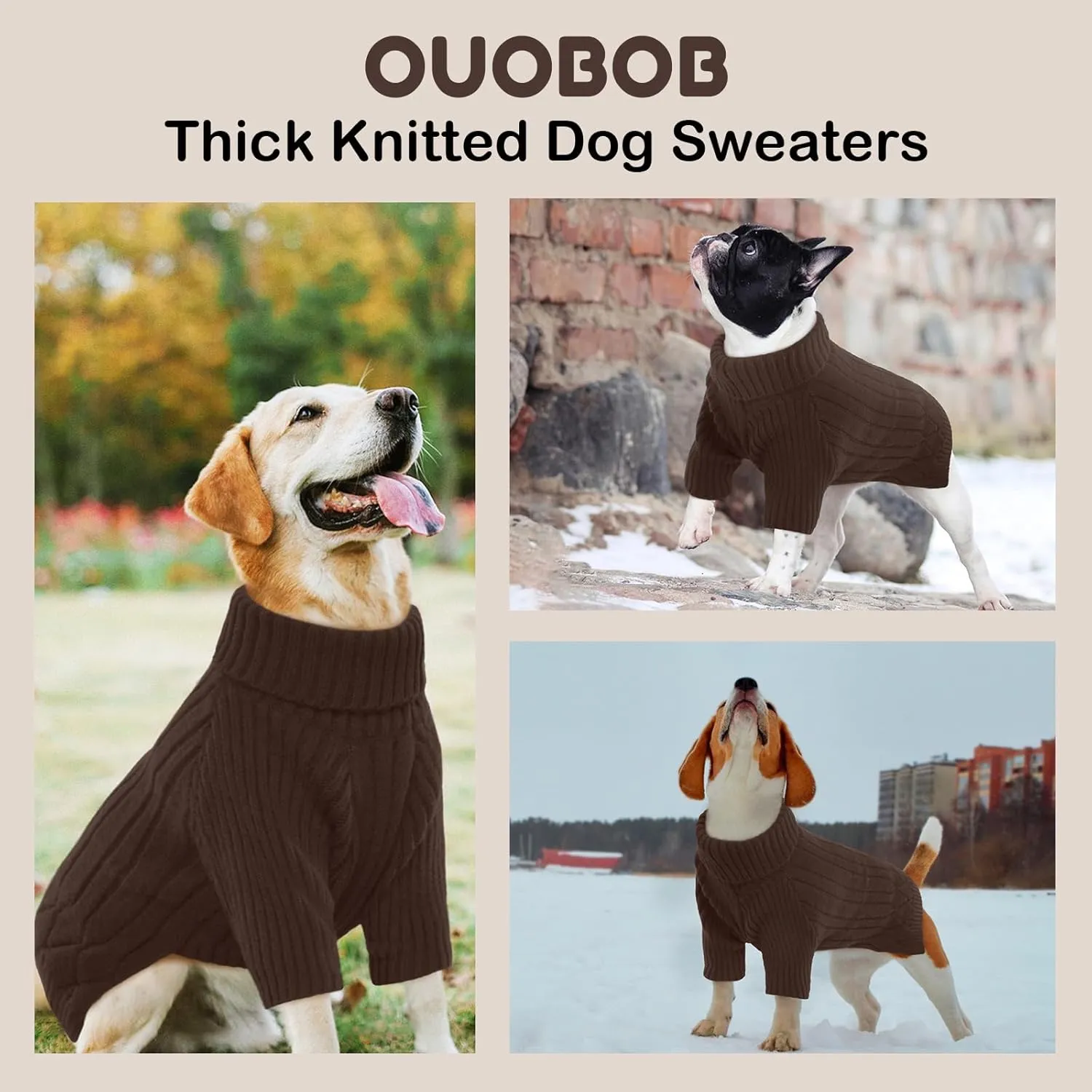 Large Breed Dog Sweater, Warm Winter Fall Turtleneck Knitwear for Girls Boys, Christmas Pet Sweatshirt Clothes Outfit for Great Dane, Doberman (Brown XXXXL)