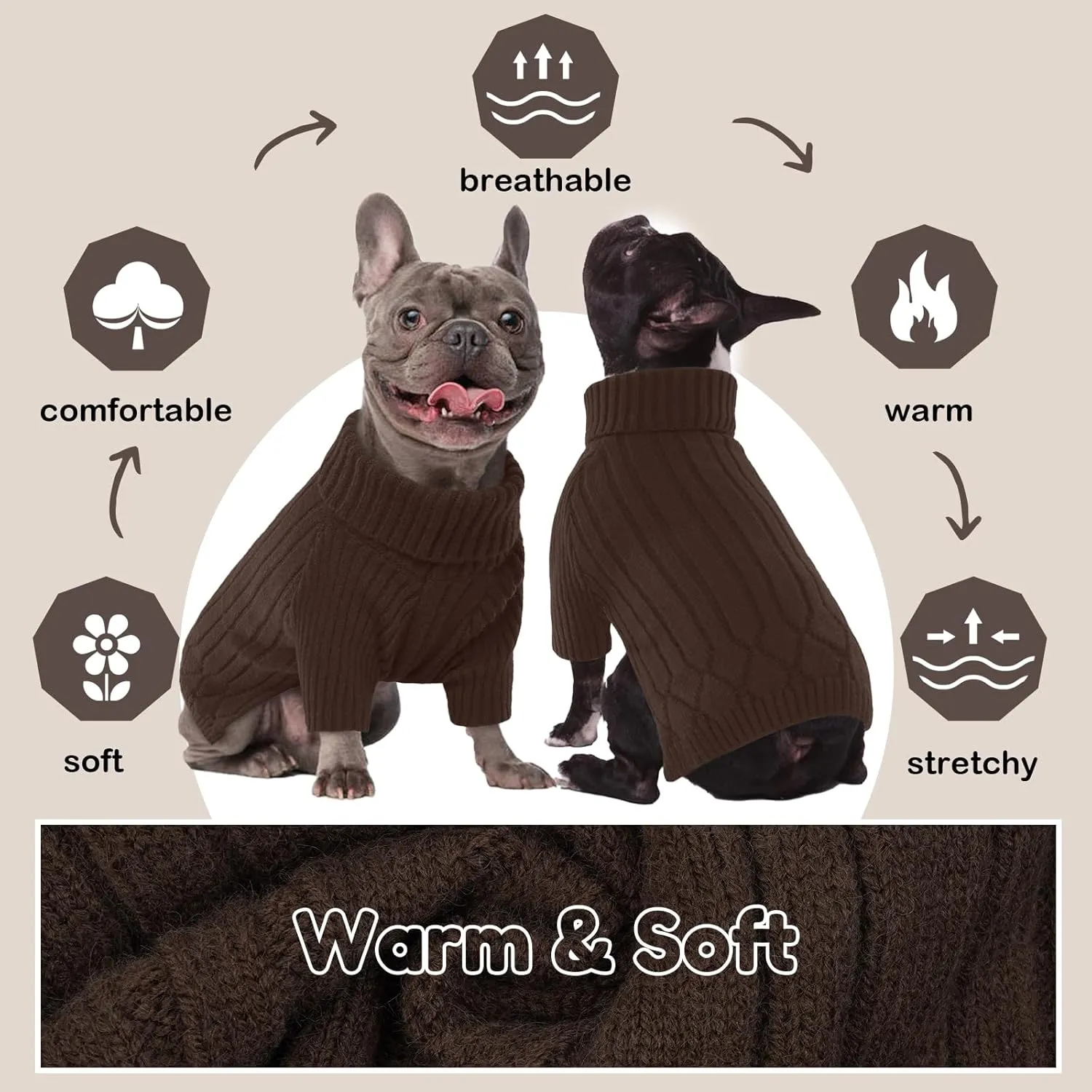 Large Breed Dog Sweater, Warm Winter Fall Turtleneck Knitwear for Girls Boys, Christmas Pet Sweatshirt Clothes Outfit for Great Dane, Doberman (Brown XXXXL)