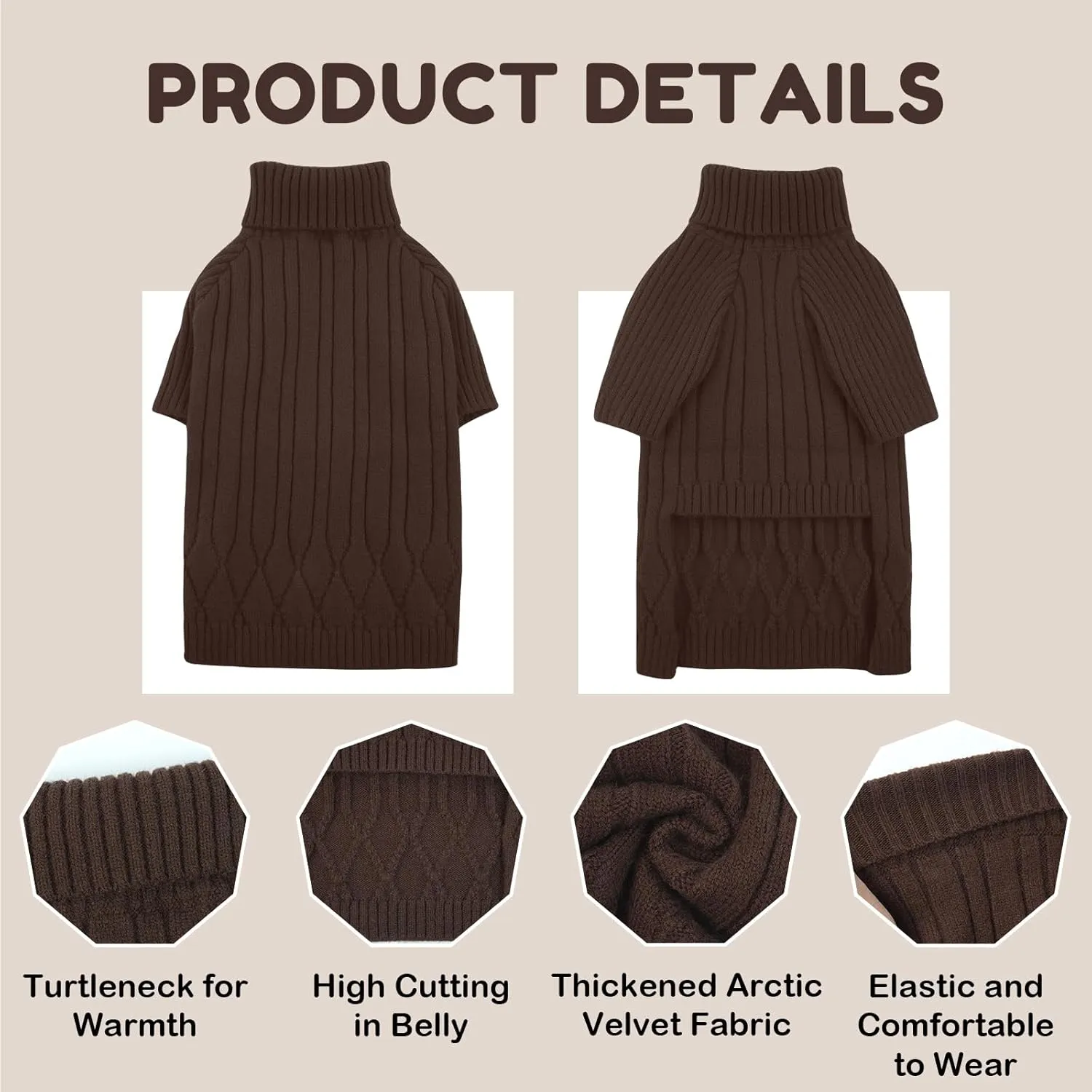 Large Breed Dog Sweater, Warm Winter Fall Turtleneck Knitwear for Girls Boys, Christmas Pet Sweatshirt Clothes Outfit for Great Dane, Doberman (Brown XXXXL)