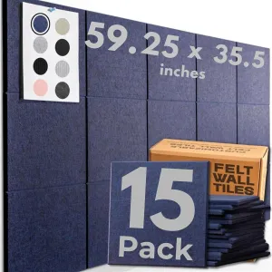 Large Cork Board Alternative | 15 Pack | Sizing Up to 59”x36”, Felt Wall Tiles, Office Wall Decor, Large Cork Boards for Walls, Corkboard, Cork Board for Office, Pin Board, Blue