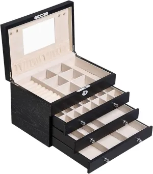 Large Women's Jewelry Box with Mirror, Lockable Wooden Organizer for Watch, Necklace, Ring, Earring Storage – Black Gift Case