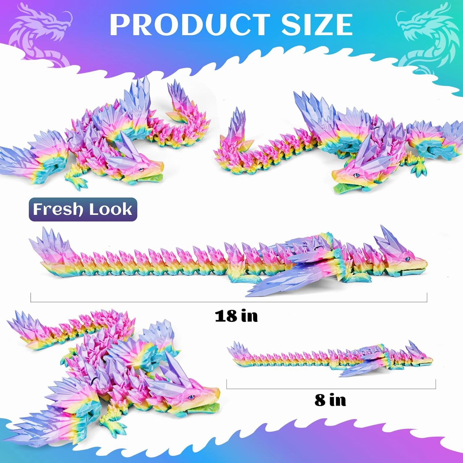 Large 3D Printed Dragon with Wings - 18 inch Articulated Crystal 3D Dragon Toys, Big 3D Printed Animals ADHD Fidget Toy Gifts for Desk Decor, Perfect Desk Pet for Animal Collectors