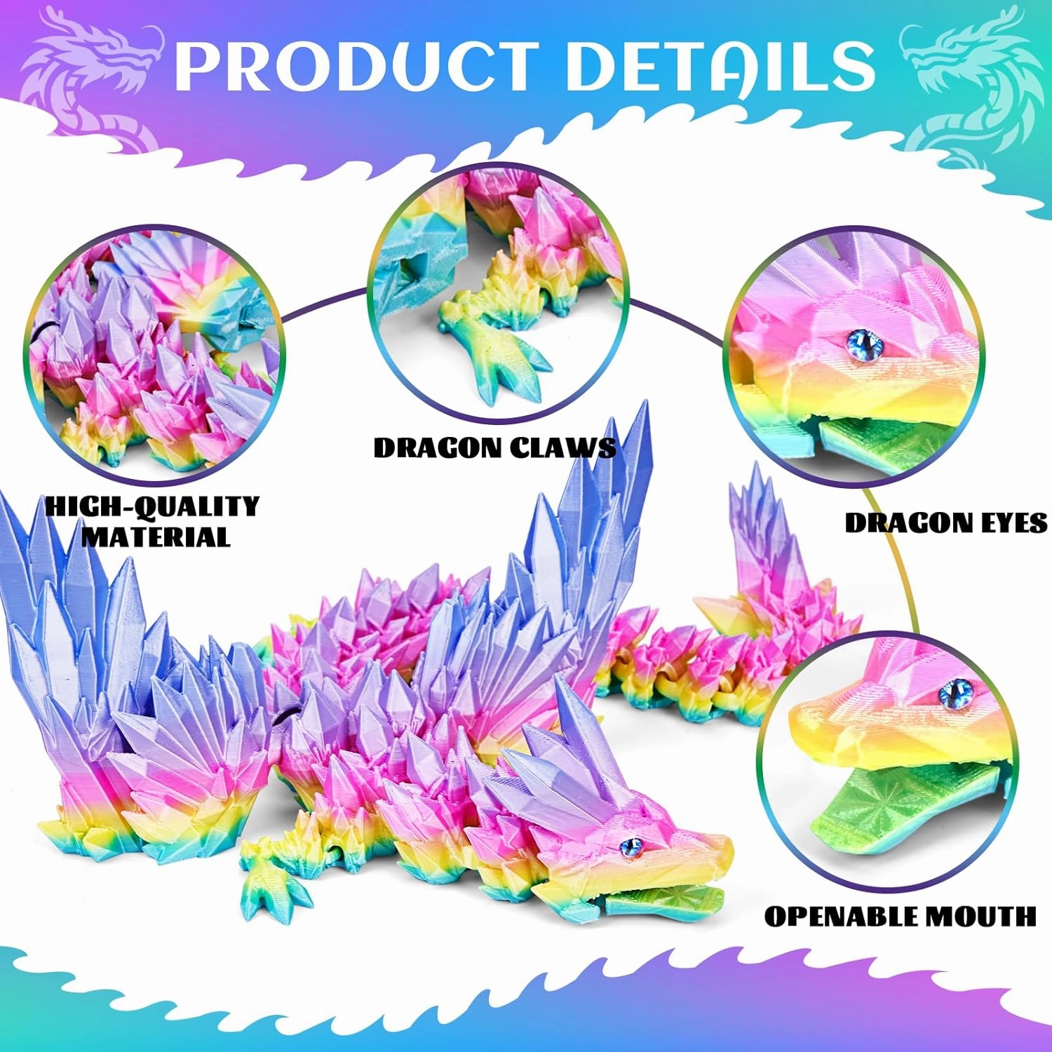 Large 3D Printed Dragon with Wings - 18 inch Articulated Crystal 3D Dragon Toys, Big 3D Printed Animals ADHD Fidget Toy Gifts for Desk Decor, Perfect Desk Pet for Animal Collectors