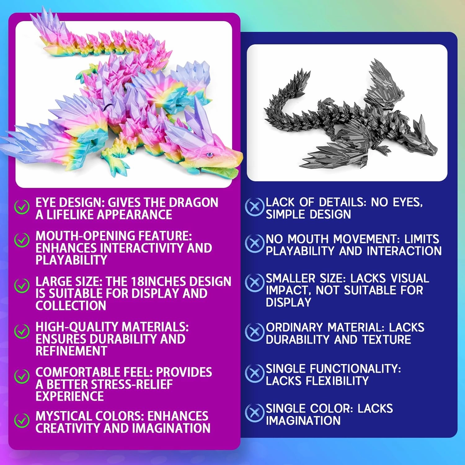 Large 3D Printed Dragon with Wings - 18 inch Articulated Crystal 3D Dragon Toys, Big 3D Printed Animals ADHD Fidget Toy Gifts for Desk Decor, Perfect Desk Pet for Animal Collectors