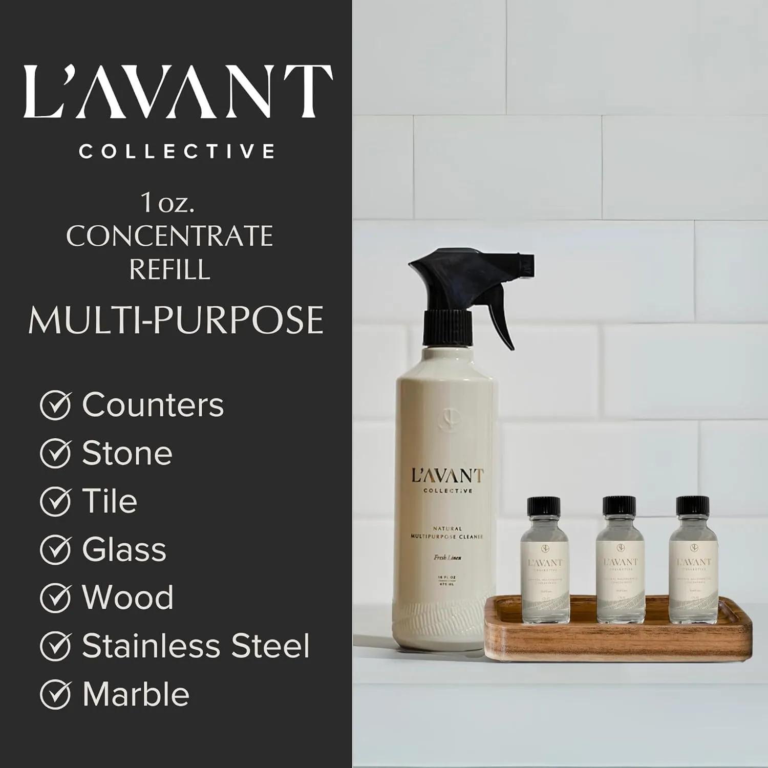 L’AVANT Collective All Purpose Cleaner 3 Pack Refill – Natural Cleaning Spray for Kitchens, Counters, and Bathrooms – Vegan, Organic, Plant-Based Multipurpose Surface Cleaner with Fresh Linen Scent