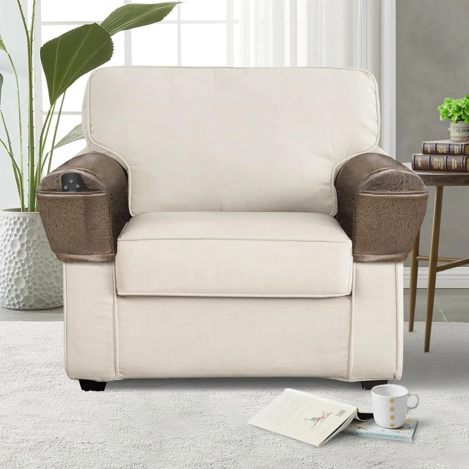 Leather Look Couch Arm Covers Set of 2 Armrest Covers for Sofa Chair Arm Protectors Stretch Armchair Slipcovers with Pockets Washable Spandex Fabric (Medium, Brown)