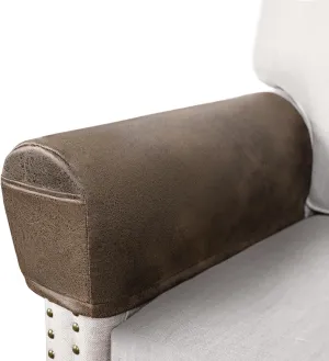 Leather Look Couch Arm Covers Set of 2 Armrest Covers for Sofa Chair Arm Protectors Stretch Armchair Slipcovers with Pockets Washable Spandex Fabric (Medium, Brown)