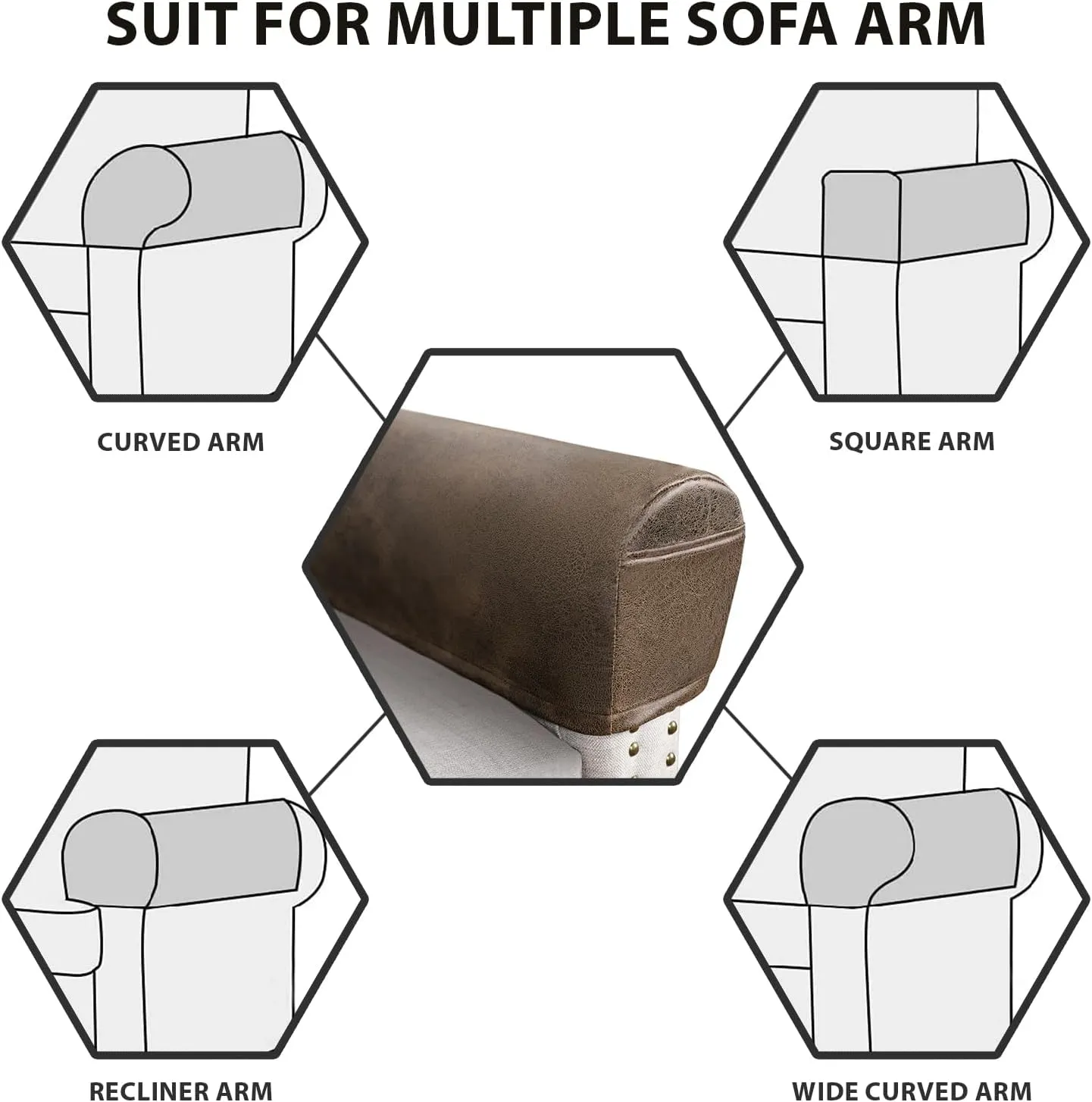 Leather Look Couch Arm Covers Set of 2 Armrest Covers for Sofa Chair Arm Protectors Stretch Armchair Slipcovers with Pockets Washable Spandex Fabric (Medium, Brown)