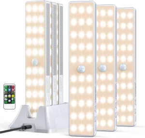 LED Closet Light with Charging Station, 6 Pcs 30LEDs Rechargeable Motion Sensor Under Cabinet Lighting with Remote Control, Wireless Stick-Anywhere Night Safe Light Bar for Wardrobe,Kitchen-Warm White
