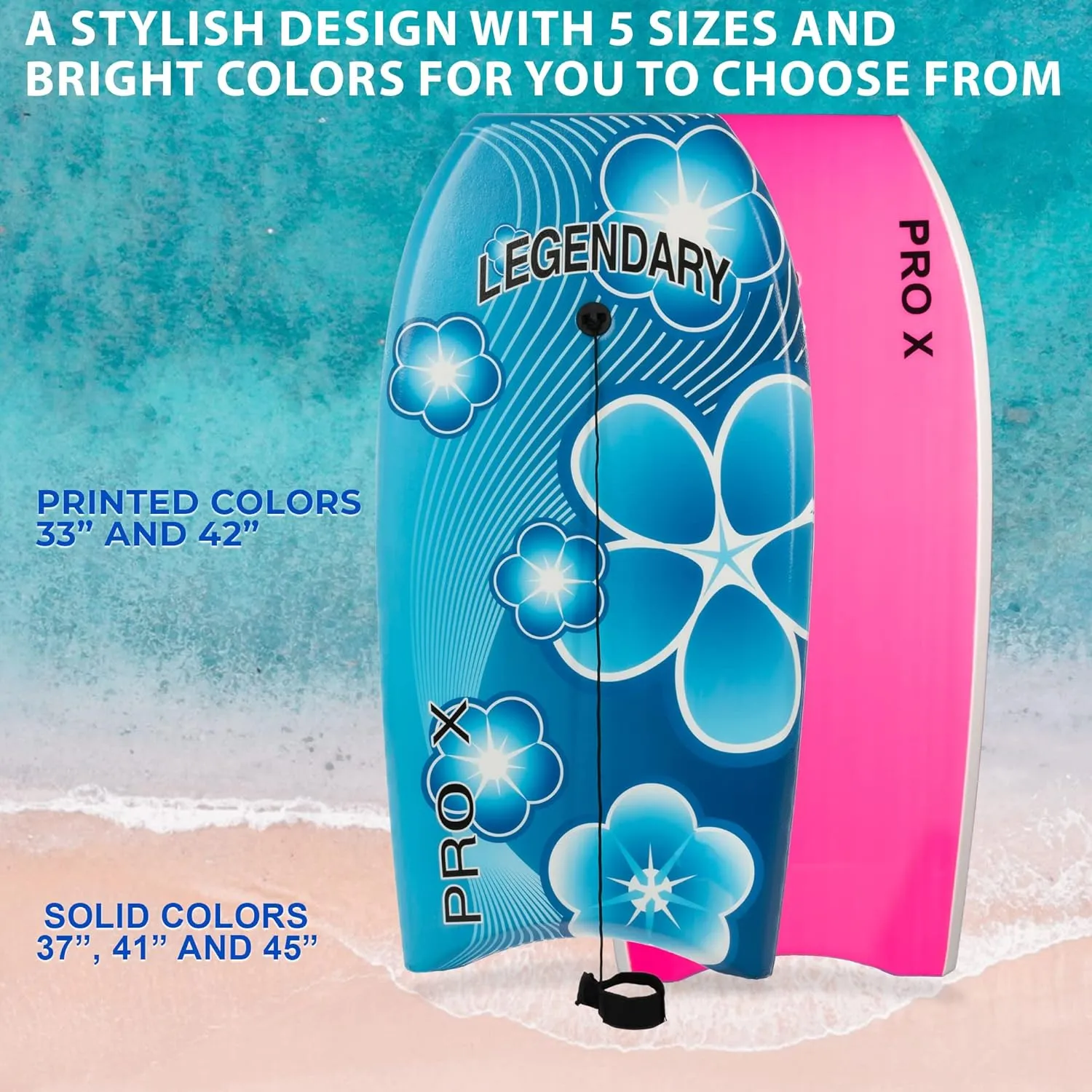 Legendary Pro X Bodyboard for Beach with Hard Slick Bottom, Boogie Boards for Kids & Adults, Heat Sealed with EPS Core, Leash