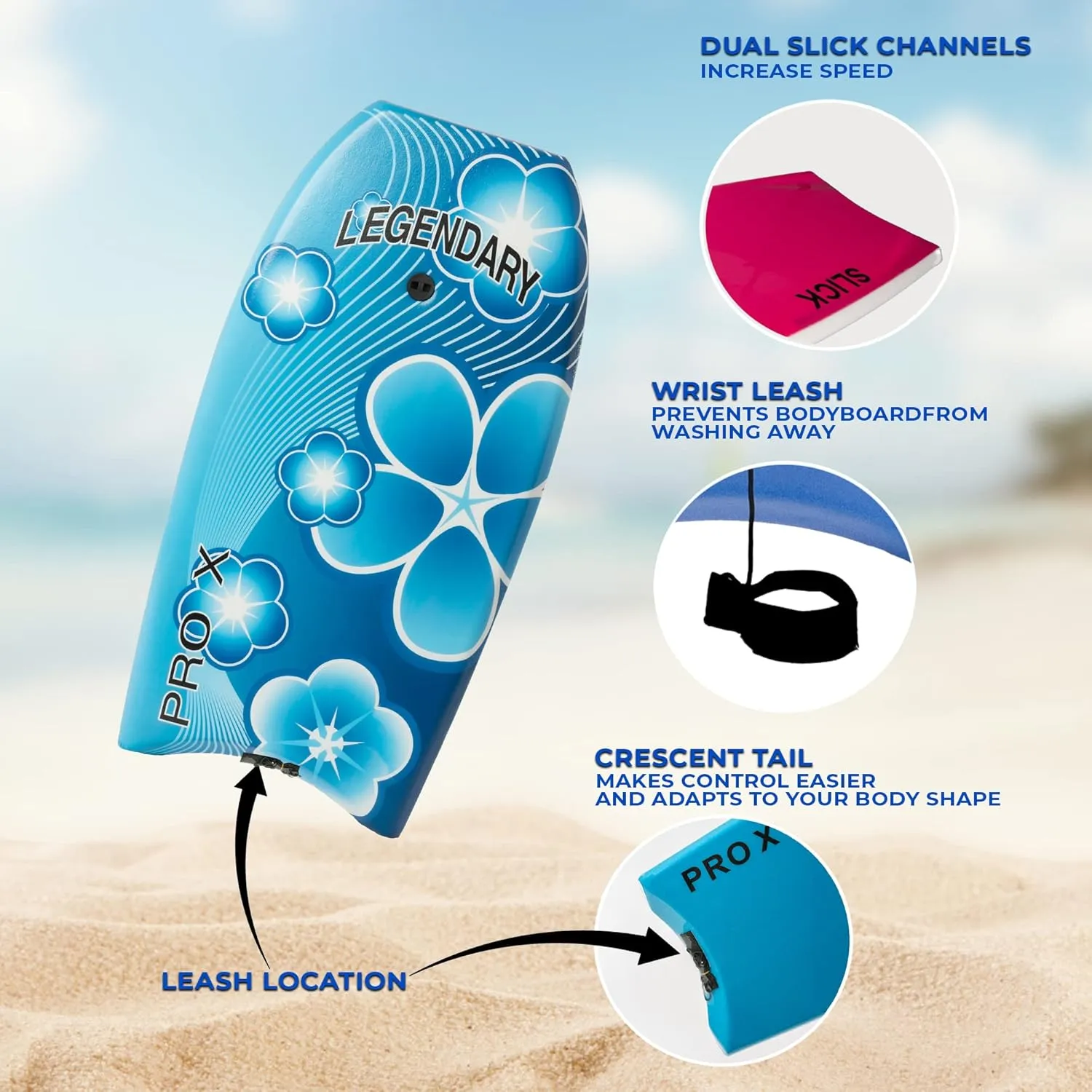 Legendary Pro X Bodyboard for Beach with Hard Slick Bottom, Boogie Boards for Kids & Adults, Heat Sealed with EPS Core, Leash