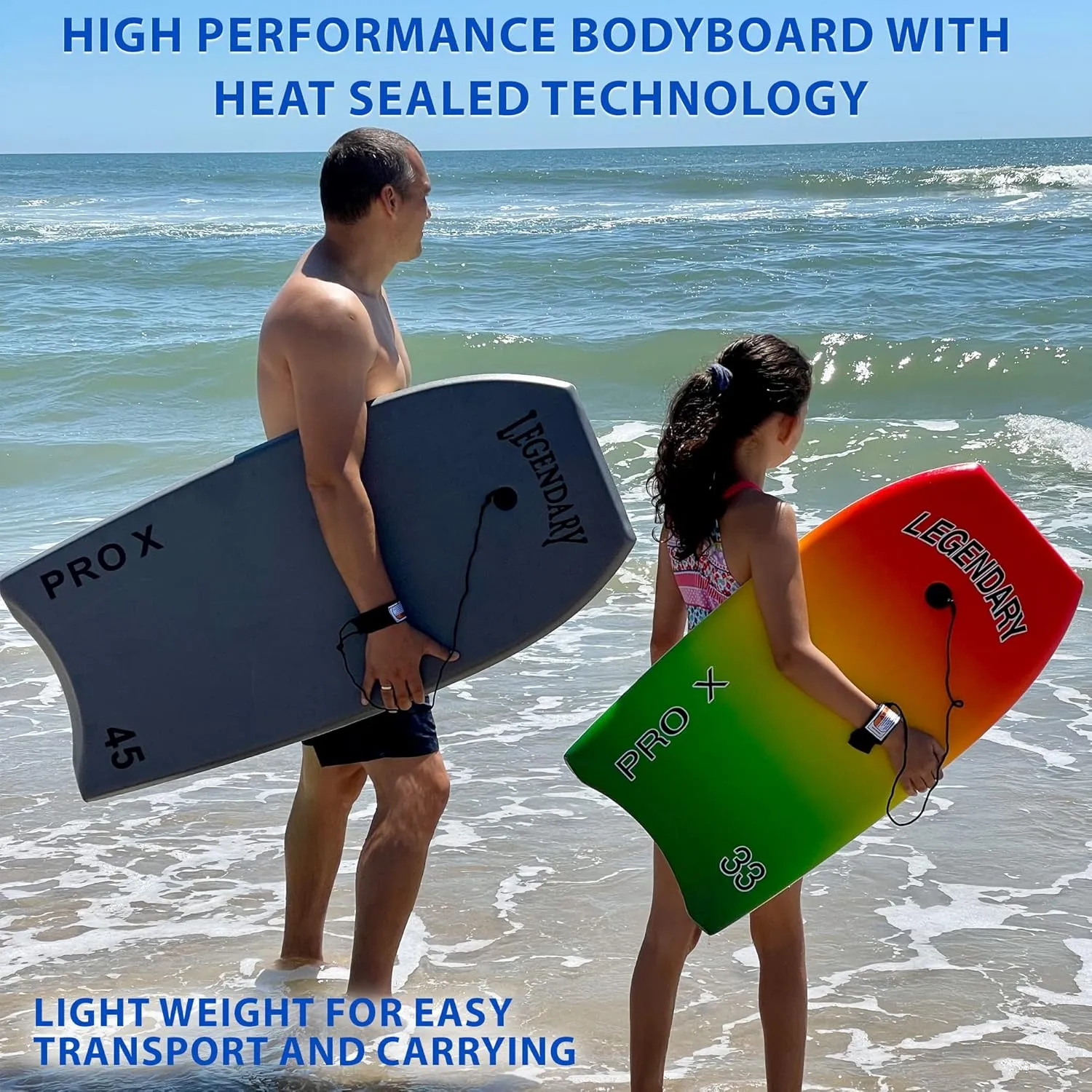 Legendary Pro X Bodyboard for Beach with Hard Slick Bottom, Boogie Boards for Kids & Adults, Heat Sealed with EPS Core, Leash