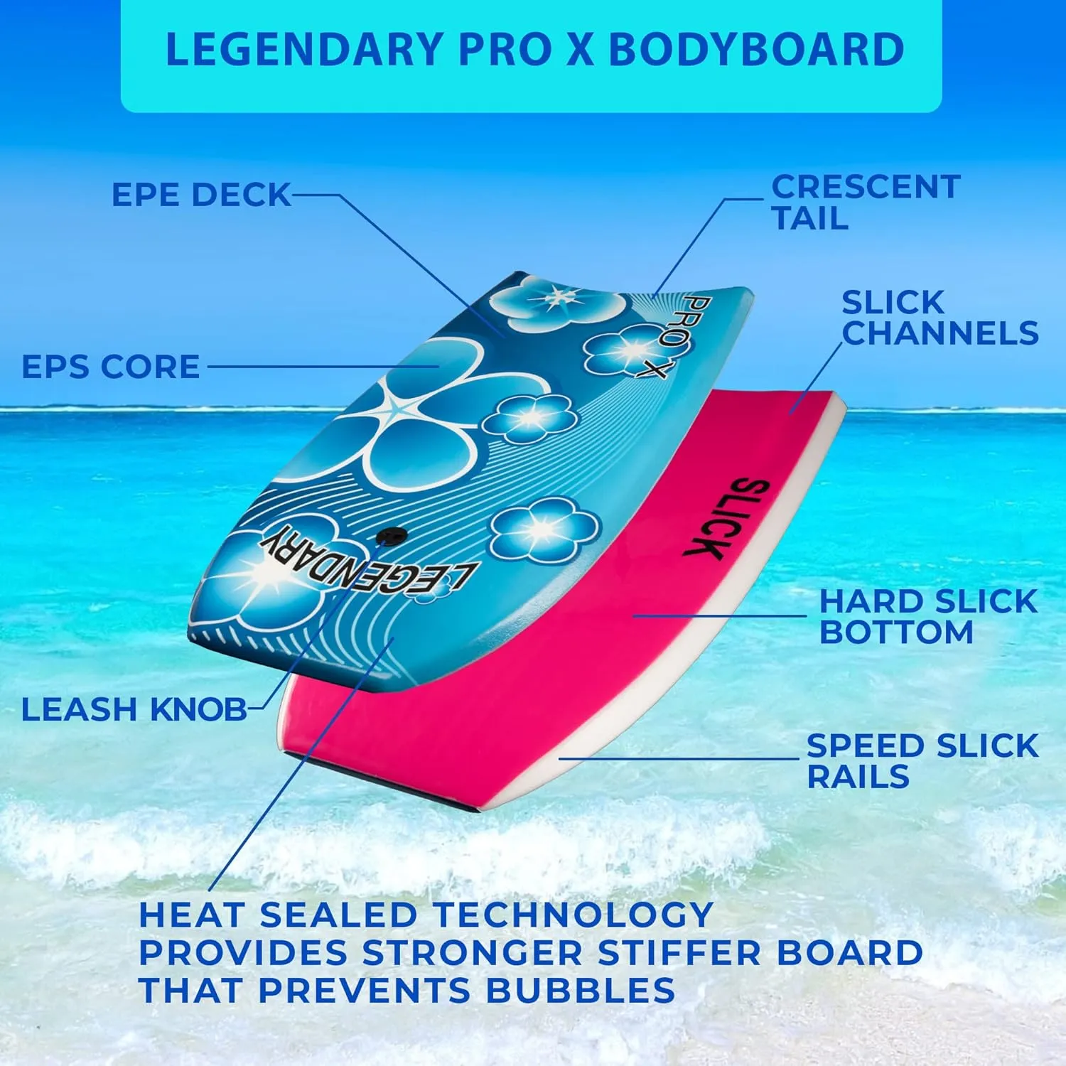 Legendary Pro X Bodyboard for Beach with Hard Slick Bottom, Boogie Boards for Kids & Adults, Heat Sealed with EPS Core, Leash