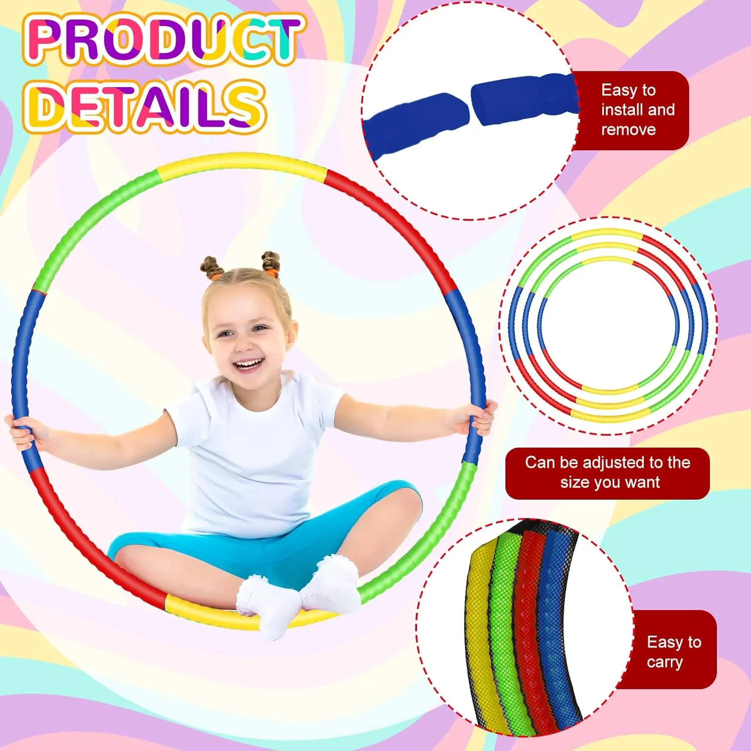 Libima 16 Pcs Toy Color Hoop for Kids, Detachable Adjustable Light Weight Plastic Colored Hoops Toy Circles for Party Games, Dance, Dog Agility