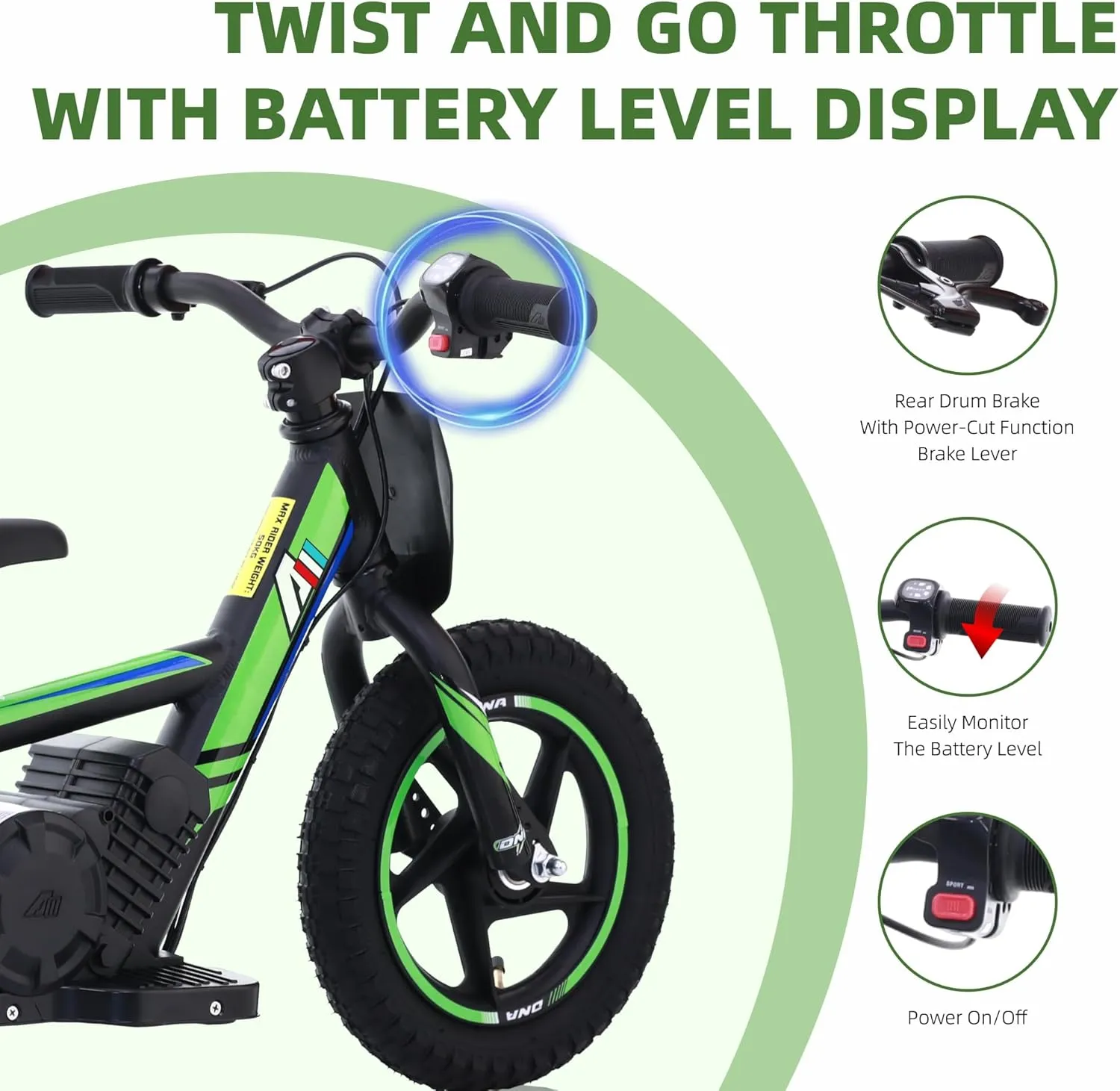 Lightweight Electric Dirt Bike for Kids, 170/340W Electric Motorcycle Up to 10/12MPH, 24V Detachable Battery, Hand-Operated Dual Brakes Electric Balance Bike for Ages 3-6/5-12