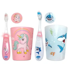 Lily's Home Kids Flashing Timer Toothbrush kids with Soft Bristles, Rising Cup & Cover - Fun 2-Min Light-Up Brushing for Children - Toddler Toothbrush Soft Toothbrush Kit (shark and Unicorn)- set of 2
