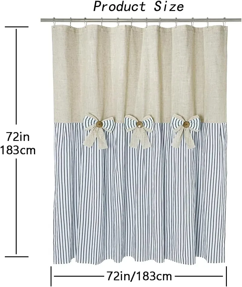 Linen Button Farmhouse Beige Shower Curtain,Bowknot,Linen and Cotton Woven Fabric,Pleated Blue Stripe,Country Style,72x72 in