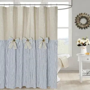 Linen Button Farmhouse Beige Shower Curtain,Bowknot,Linen and Cotton Woven Fabric,Pleated Blue Stripe,Country Style,72x72 in
